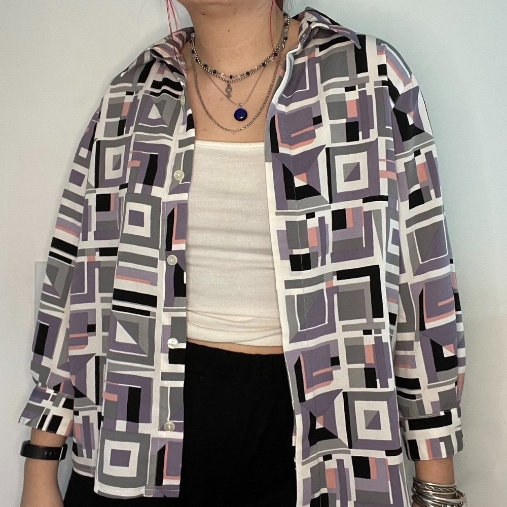 Light Purple Square Patterned Button Up